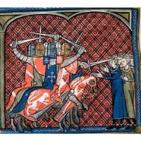 The Albigensian massacre, illumination in the 14th century Chronicle of Saint-Denis. In the British Library, London.
