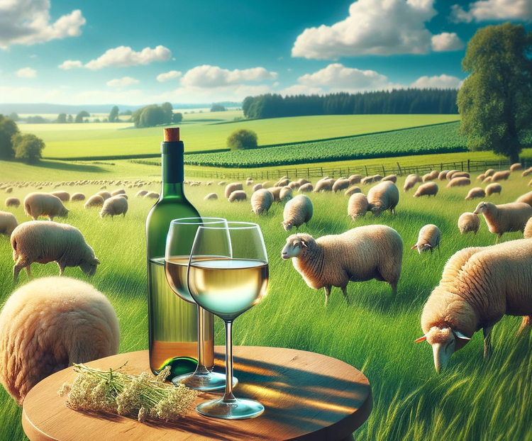 A pastoral scene with white wine and sheep,  mage(s) generated by DALL·E, an AI model developed by OpenAI.