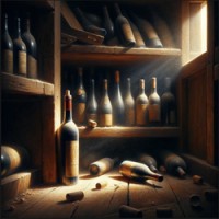 Image created by OpenAI's DALL-E with the prompt "an image in the style of a Dutch Masters painting depicting a dusty wine bottle lying at the back of a wine cellar shelf."