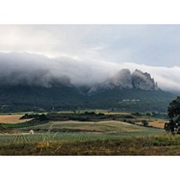 A foggy morning with a craggy mountain backdrop in La Rioja Alta. (Image from the Ruta del Vino Rioja Alta Facebook page in Spanish.)