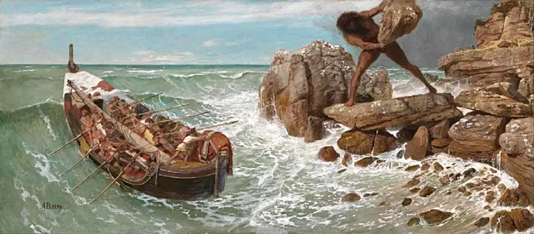 The wine-dark sea: Odysseus and Polyphemus (1896), oil and tempera painting on panel by Arnold Böcklin (1827-1901). The Museum of Fine Arts, Boston.