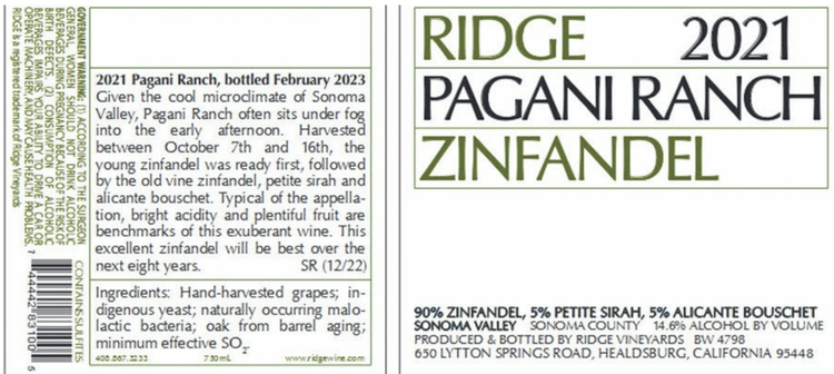 Optional ingredient labeling on a Ridge Pagani Zinfandel label.