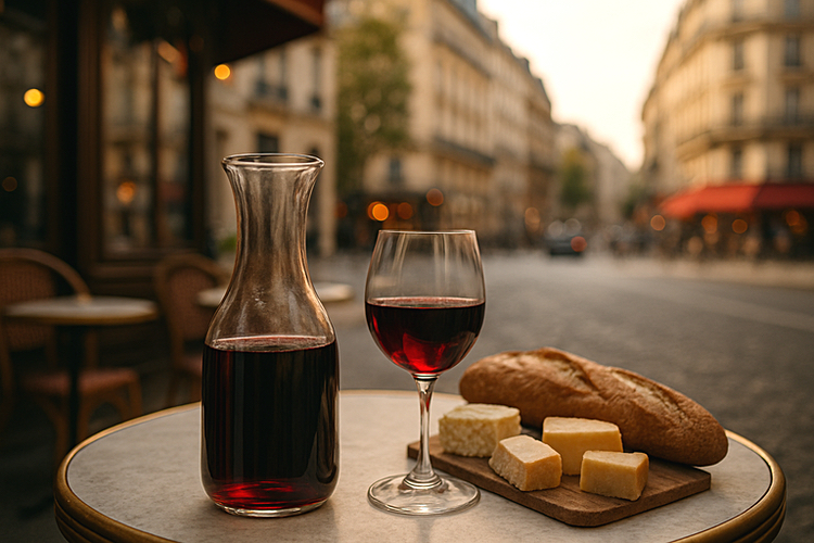 Thinking about a carafe of gulpable red wine at a Parisian sidewalk café makes me wish I could be there right now. How about you? Image generated with the assistance of ChatGPT by OpenAI.