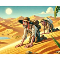 Two desperate voyagers crawl across a searing desert in search of an oasis. (Image generated by DALL·E, an AI by OpenAI.)