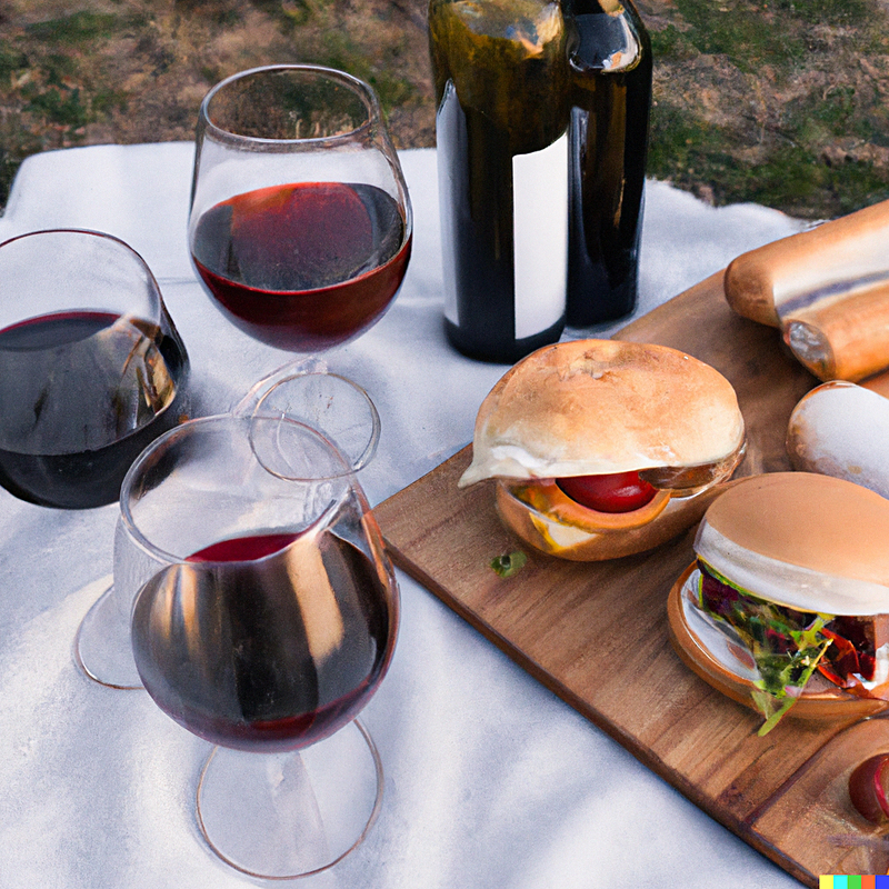 Burgers and hot dogs and wine, oh my! Image created by Dall-E 2, an AI system that creates realistic images and art from a description in natural language.