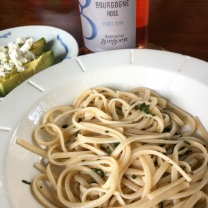 What goes with Domaine Gueguen Bourgogne Rosé? How about some linguine with sage and butter, and avocado salad with goat cheese?